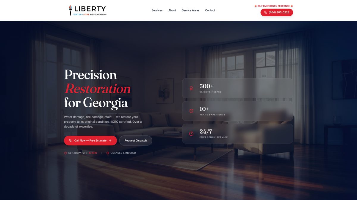 Screenshot of the Liberty Water & Fire website designed and marketed by Local Lift Media